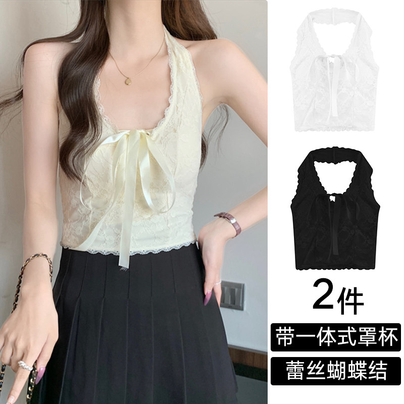 纯欲V领挂脖吊带背心女夏带胸垫一体显瘦内搭蝴蝶结系带蕾丝上衣