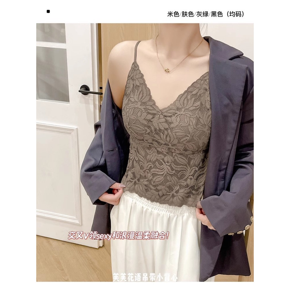 纯欲蕾丝花边细肩带美背吊带背心女带胸垫内搭显瘦固定杯甜辣上衣
