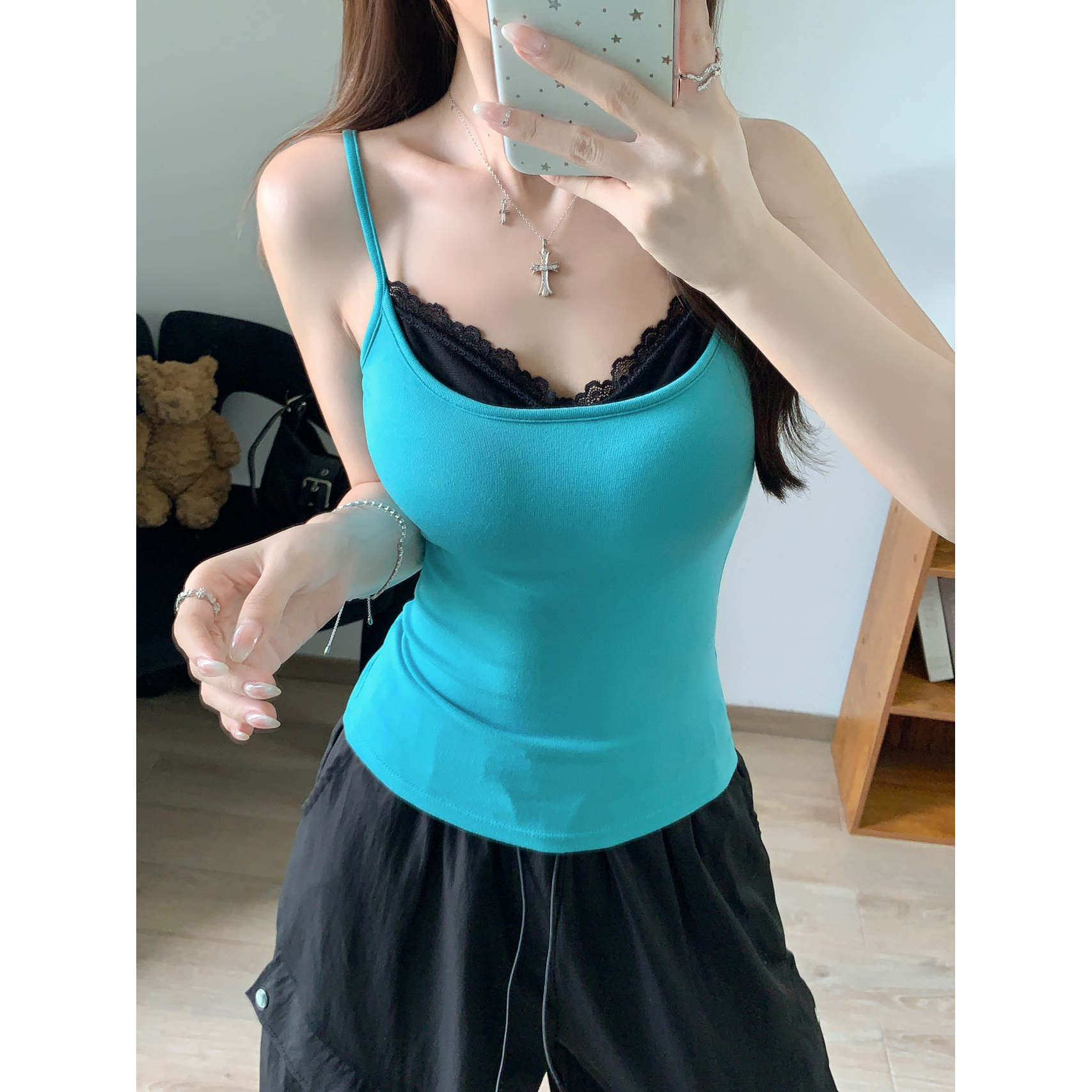 蕾丝假两件辣妹吊带背心女带胸垫