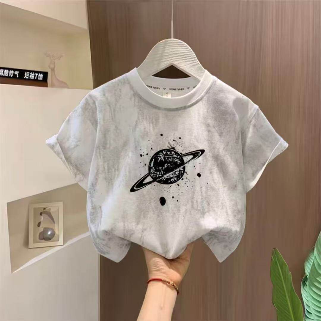 儿童纯棉短袖T恤夏季新款中大童宽松上衣男女童洋气扎染散金潮T
