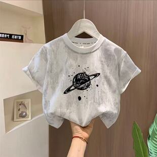 儿童纯棉短袖T恤夏季新款中大童宽松上衣男女童洋气扎染散金潮T