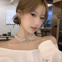双层珍珠土星项链女轻奢高级感choker颈链礼服配饰多层小众锁骨链