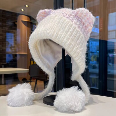 可爱软萌猫耳朵毛绒帽子女秋冬保暖日系混色针织毛线护耳帽套头帽