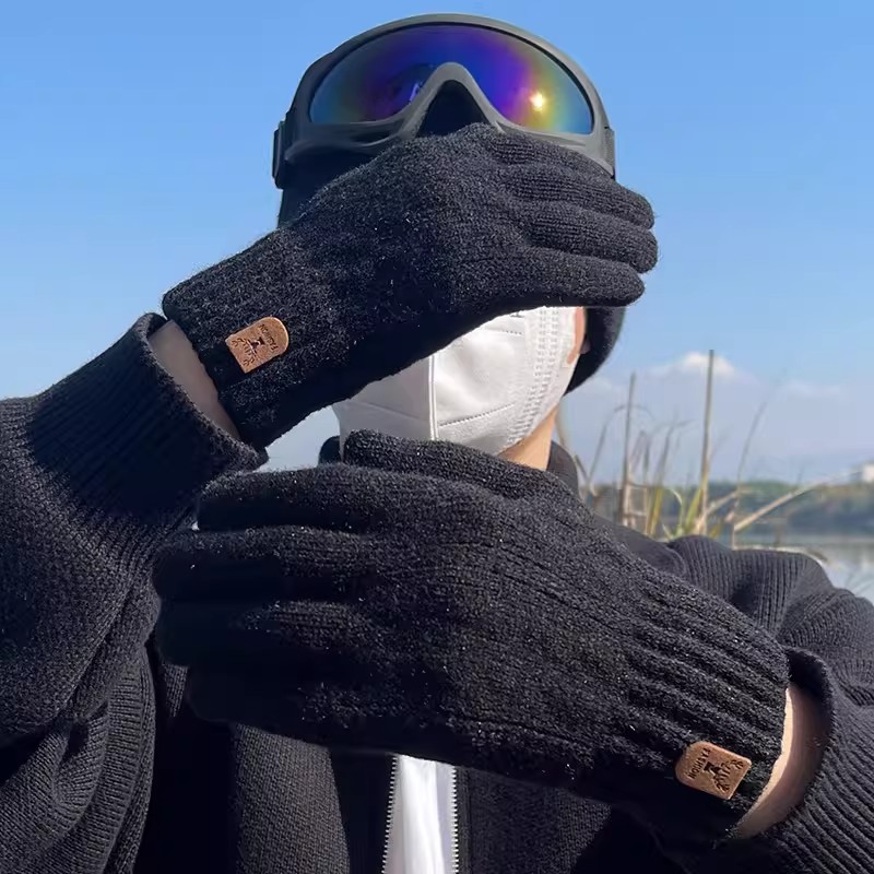 可触屏毛线针织手套秋冬季男电动车骑行开车加绒加厚学生保暖防寒