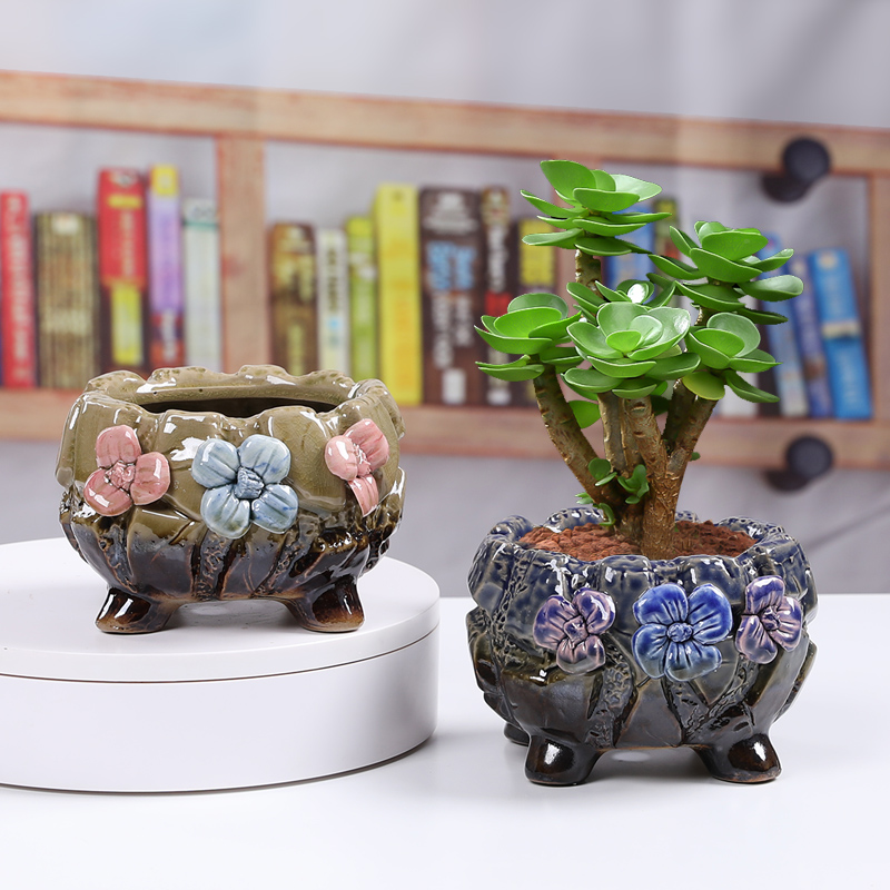 多肉花盆陶瓷家用桌面复古粗陶个性文竹兰花透气盆特价清仓阳台