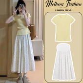 上衣宽松显瘦半身裙两件套夏季 孕妇套装 短袖 黄色圆领薄款 2026新款