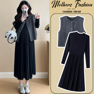 圆领打底裙两件套女 宽松马甲内搭长袖 孕妇连衣裙套装 春秋2025新款