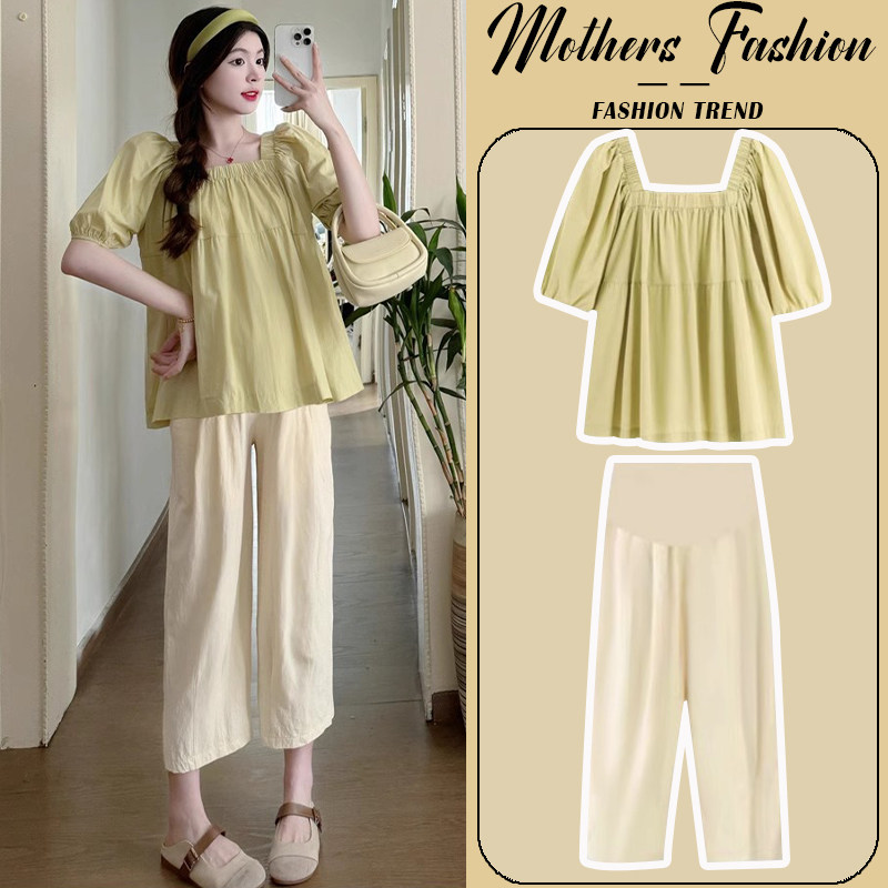孕妇套装2026新款夏季时尚洋气时髦黄色短袖薄款上衣裤子两件套女