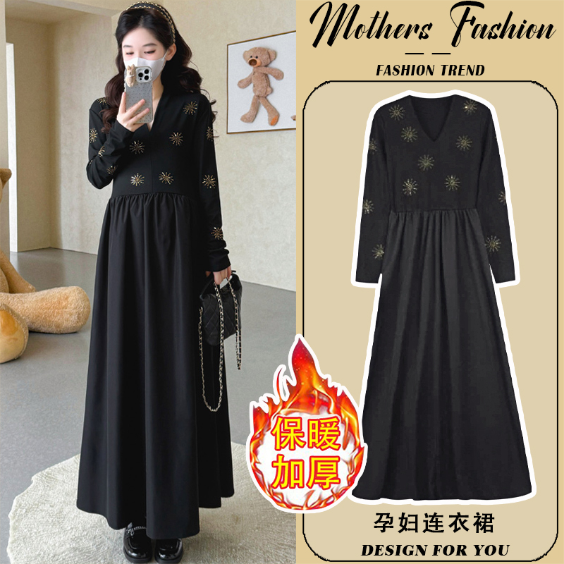孕妇连衣裙秋冬2025新款黑色时尚