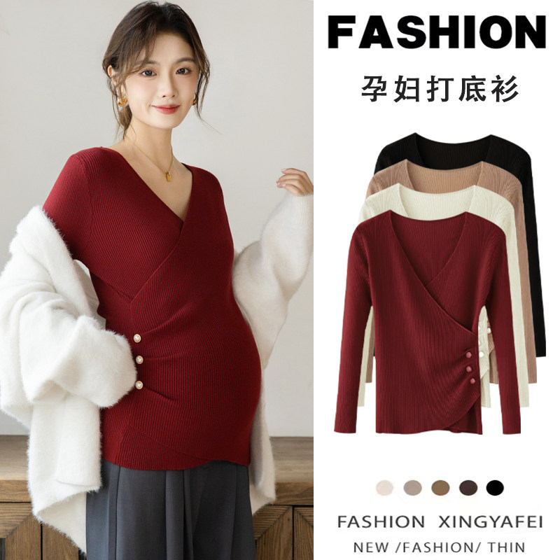 孕妇打底衫秋冬红色V领针织毛衣中长款显瘦百搭2026新款内搭上衣