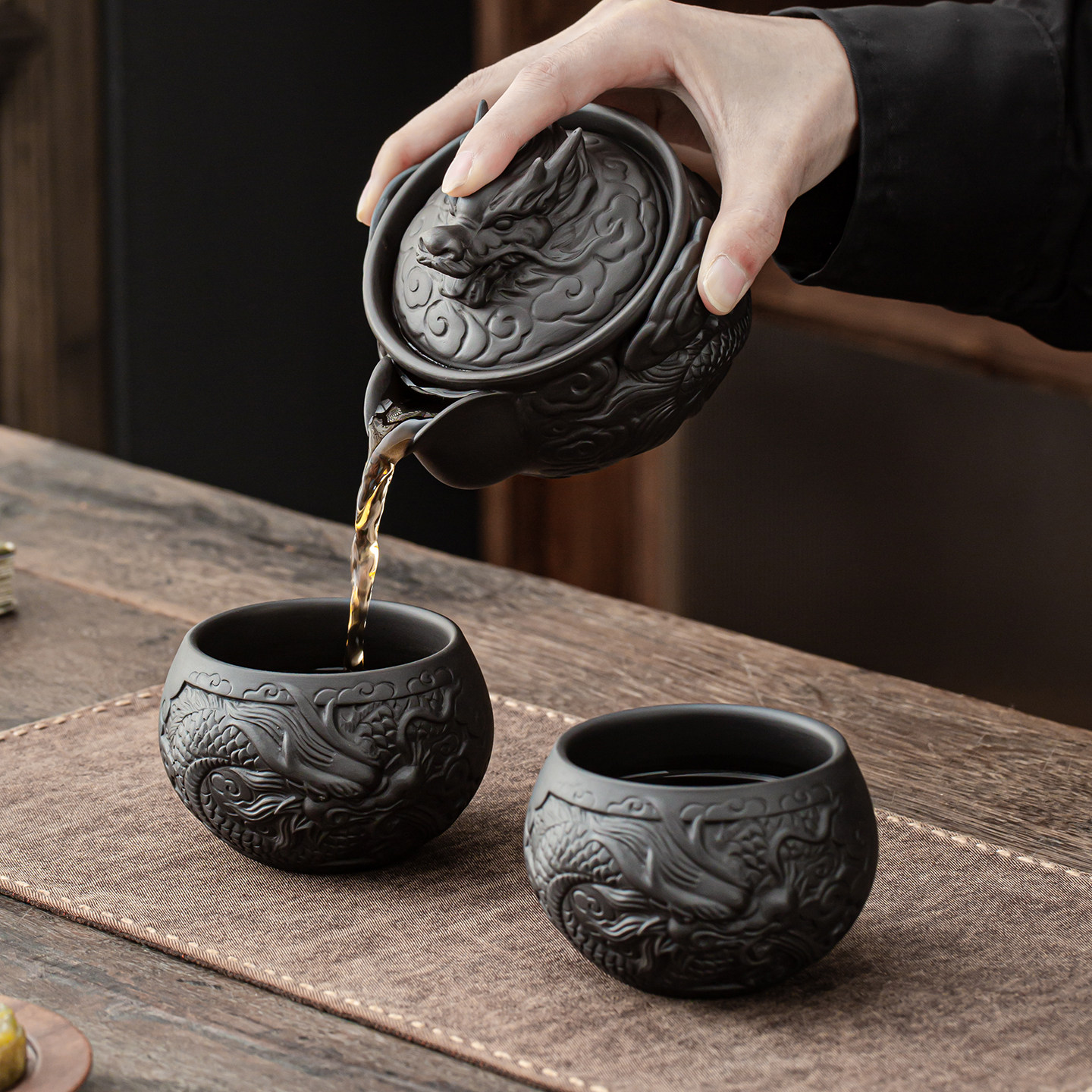 复古紫砂龙纹浮雕一壶二杯功夫茶具套装茶壶茶杯办公家用泡茶器,餐饮具,功夫茶具,淘宝优惠券,粉丝福利购,淘宝优惠卷