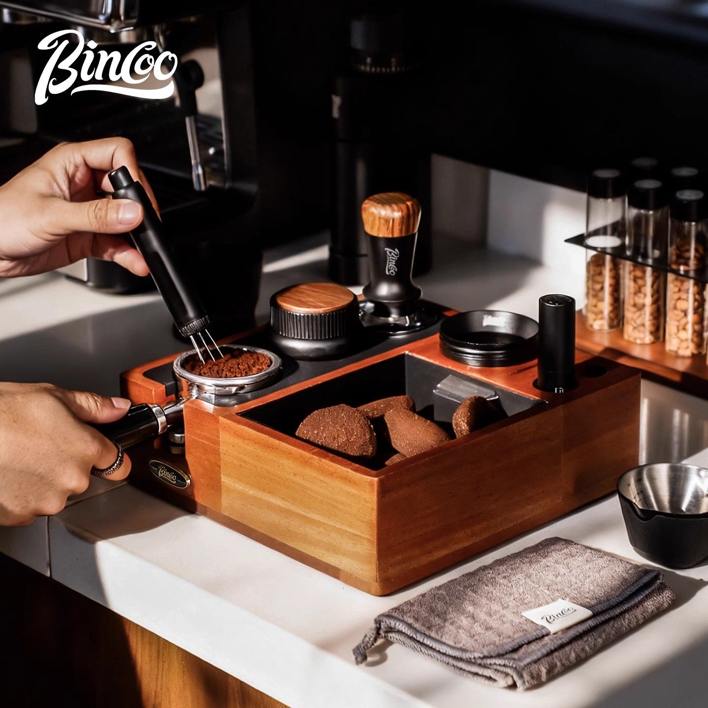 Bincoo实木咖啡压粉底座套装布粉器压粉锤意式器具收纳咖啡机配件