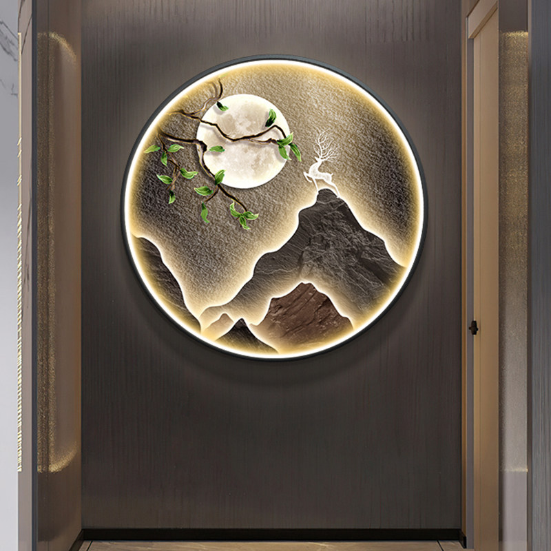 新中式入户玄关装饰画圆形led灯画现代轻奢茶室餐厅挂画客厅壁画