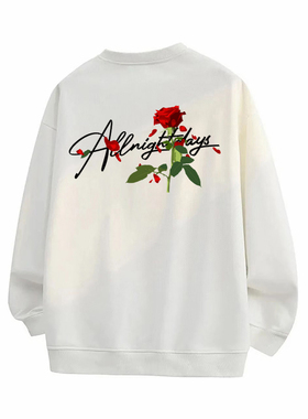 SMILE ISLAND 美式复古字母玫瑰花印花宽松圆领卫衣