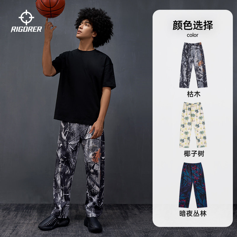 数码印-准者花裤子九分裤男夏季美式潮流直筒裤运动长裤休闲裤子