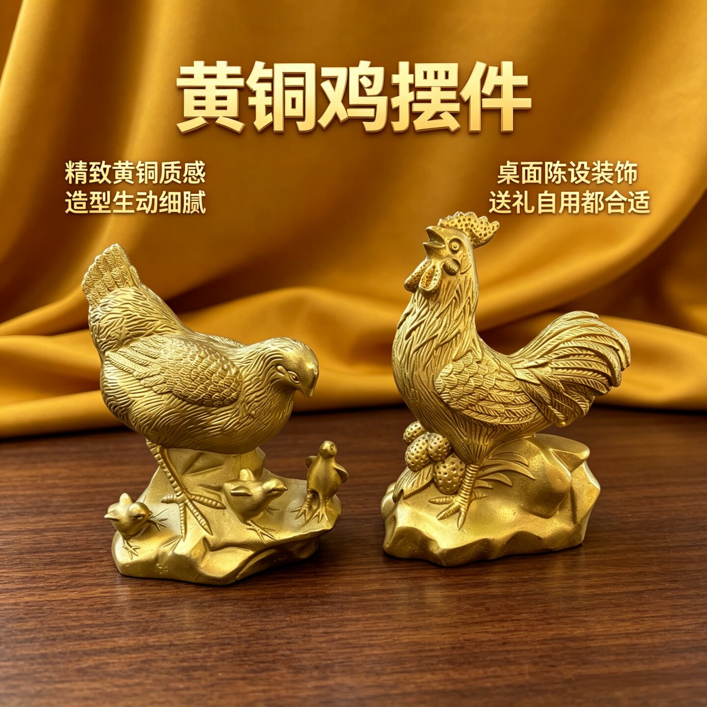 黄铜公鸡母鸡摆件生肖铜鸡带小鸡