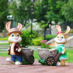 户外园林庭院卡通兔子花缸玻璃纤维雕塑幼儿园装 饰摆饰景观花园花