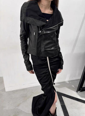 JCSTONE 不规则翻领收腰解构剪裁高领机车夹克修身短款皮衣外套