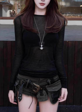 JCSTONE 暗黑RO风格长袖打底衫薄料舒适贴身女士半透针织修身上衣