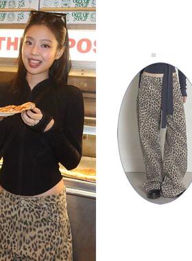 现货Jennie同款ORDE*韩国设计师潮牌宽松美式豹纹阔腿牛仔裤