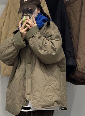 大码胖巨显瘦棉服女秋冬复古宽松棉衣外套圆领菱形格上衣