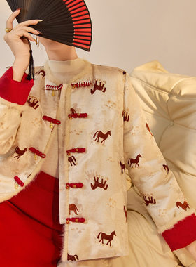 冬季马年战袍新中式国风白鸭绒刺绣双面穿外套水貂毛羽绒服 NY061