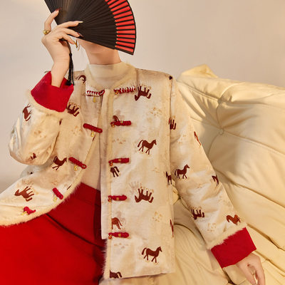 冬季马年战袍新中式国风白鸭绒刺绣双面穿外套水貂毛羽绒服 NY061
