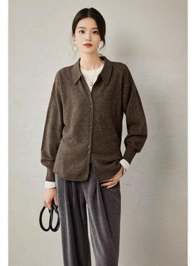 R*W风慵懒套装~100%美利奴羊毛女士针织开衫上衣 针织直筒阔腿裤