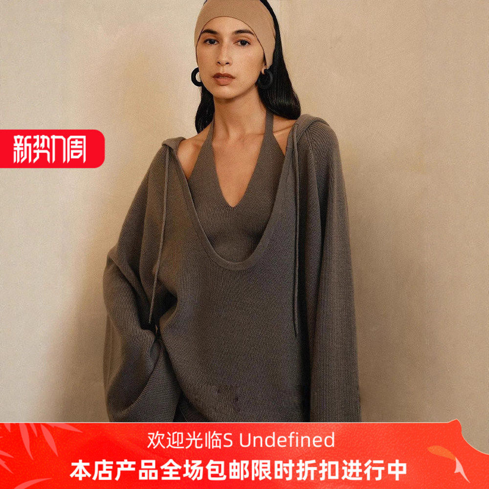 TH～ROW 小众设计师款欧美极简全羊毛懒人挂脖短裤针织套装帽衫