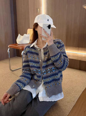 小众设计师2026冬季12色重工纱线费尔岛条纹复古开衫女士针织衫