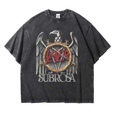 杀手乐队Slayer金属朋克乐宽松重磅T恤阿美咔叽复古做旧水洗落肩