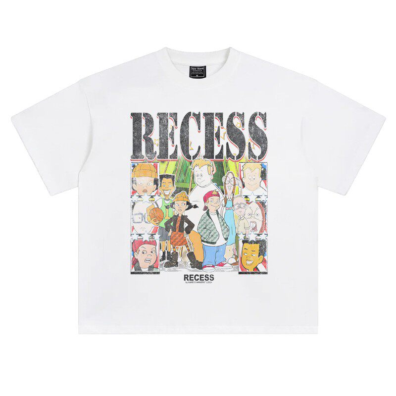 美式动漫oversize落肩宽松纯棉五分袖T恤男女下课后Recess周边