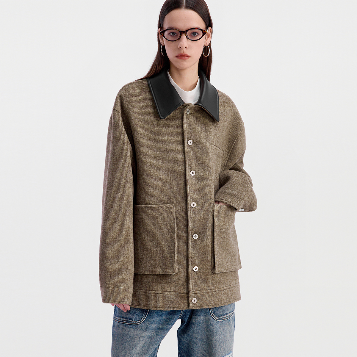 ESAT 中长款羊毛呢子拼真绵羊皮翻领夹克