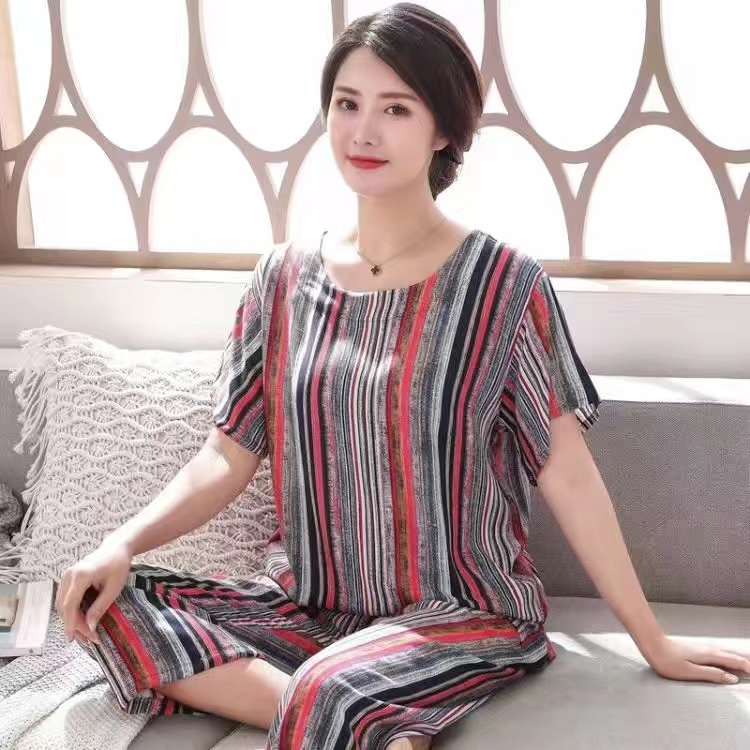 婆婆夏季薄套头短袖睡衣女装绵绸