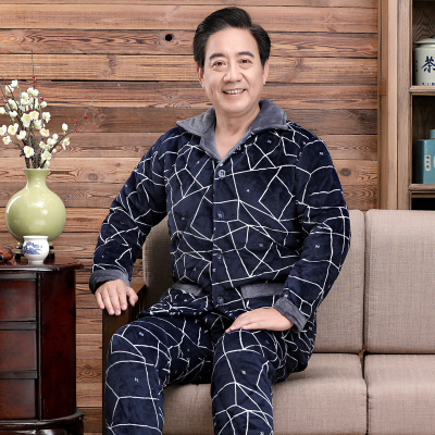 冬季老年人加绒加厚睡衣睡裤套装爸爸棉袄爷爷珊瑚绒夹棉衣服男装