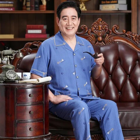 夏季爷爷薄款短袖长裤睡衣男梭织