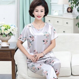 妈妈优雅女装中年妇女仿真丝家居衣服洋气质阿姨夏装短袖长裤睡衣