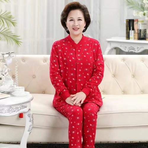 婆婆开衫保暖秋衣秋裤套装妈妈纯棉居家睡衣女秋冬中老年全棉印花