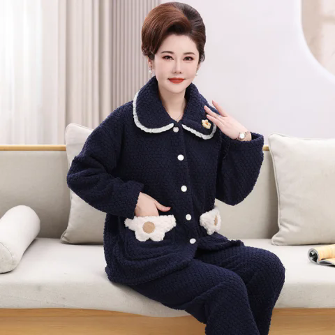 老太太加绒外套法兰绒睡衣女秋冬