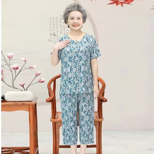 7080岁奶奶装短袖纯棉绸老太太人造棉居家睡衣女老人透气开衫夏装