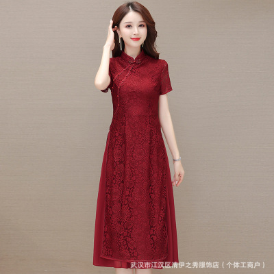 红色蕾丝旗袍连衣裙女2025年夏季新款复古拼结短袖中长裙