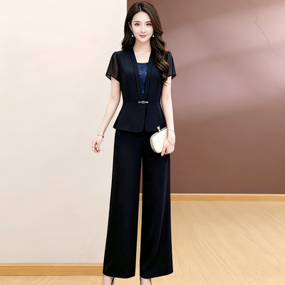 时尚两件套装女2024年新款夏季纯色西装领短袖上衣休闲直筒裤套装