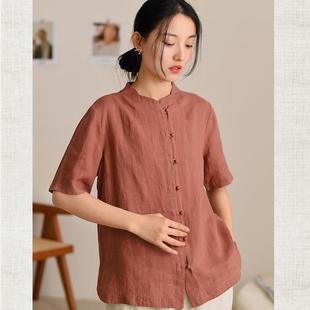 中式 短袖 23新品 盘扣上衣女佛系禅意女装 t恤禅修 棉麻复古薄款 夏装