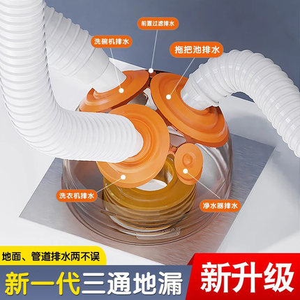 洗衣机下水管地漏接头排水管道三头通专用防臭卫生间三通分水器阀