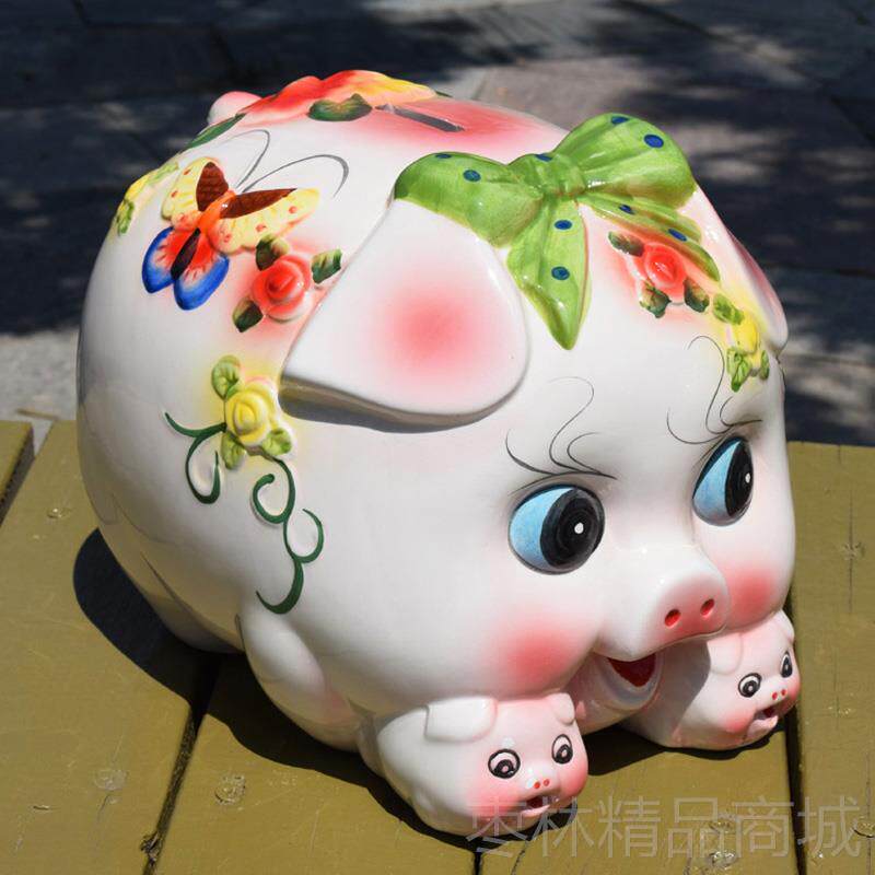 正品超大号蝴蝶结厅陶小猪存瓷钱罐招财金储蓄罐猪硬币储钱罐猪客