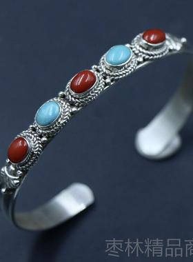 正品印度尼泊镶尔工92银饰手品嵌绿松石手镯女手5环 开口复古民族