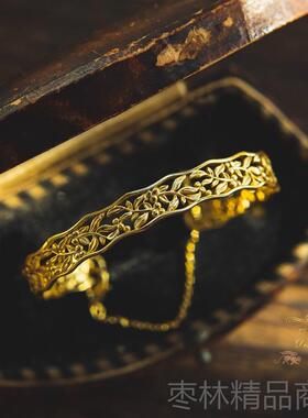 正品92银花纹镂空约复古 风开口手镯金属狂潮百5搭气质手环金银简