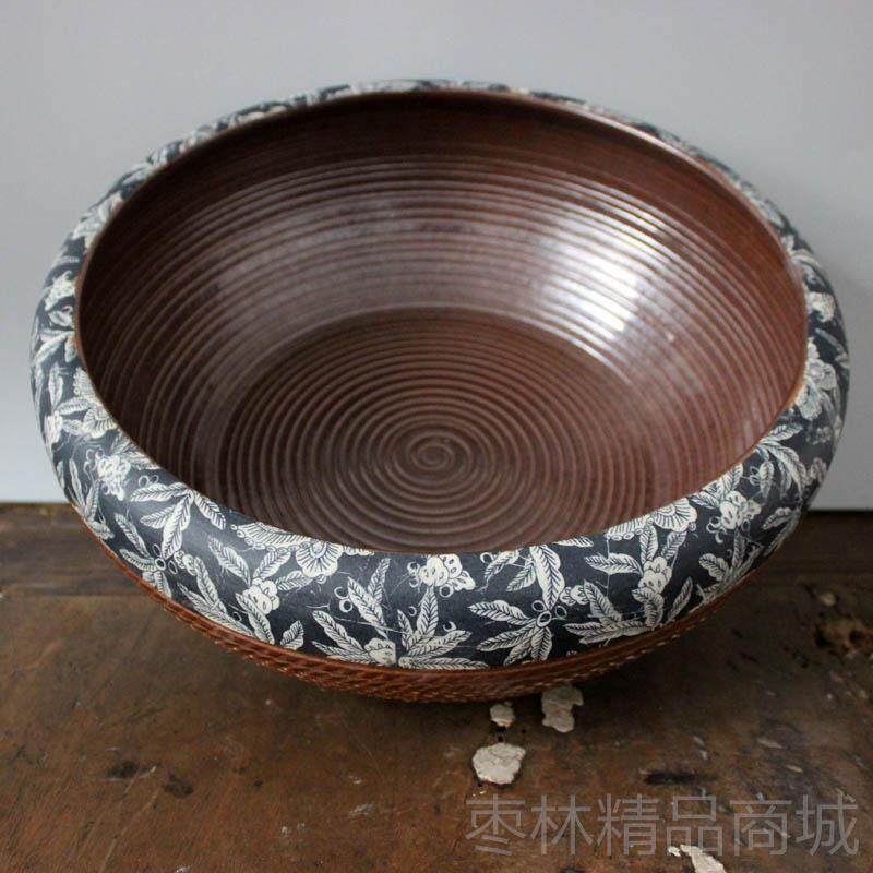 正品景德镇现陶鱼缸内有螺纹式粗陶金鱼乌龟缸锦代鲤盆一瓷叶莲花