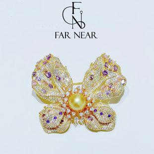 天然金珠蝴蝶胸针FAR 配大衣 NEAR满钻南洋金珠复古宫廷风高档西装