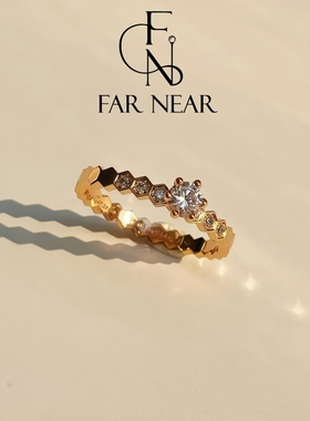蜂巢锆石素圈戒指满钻爆闪FAR NEAR小众高级感V金叠戴指环玫瑰金